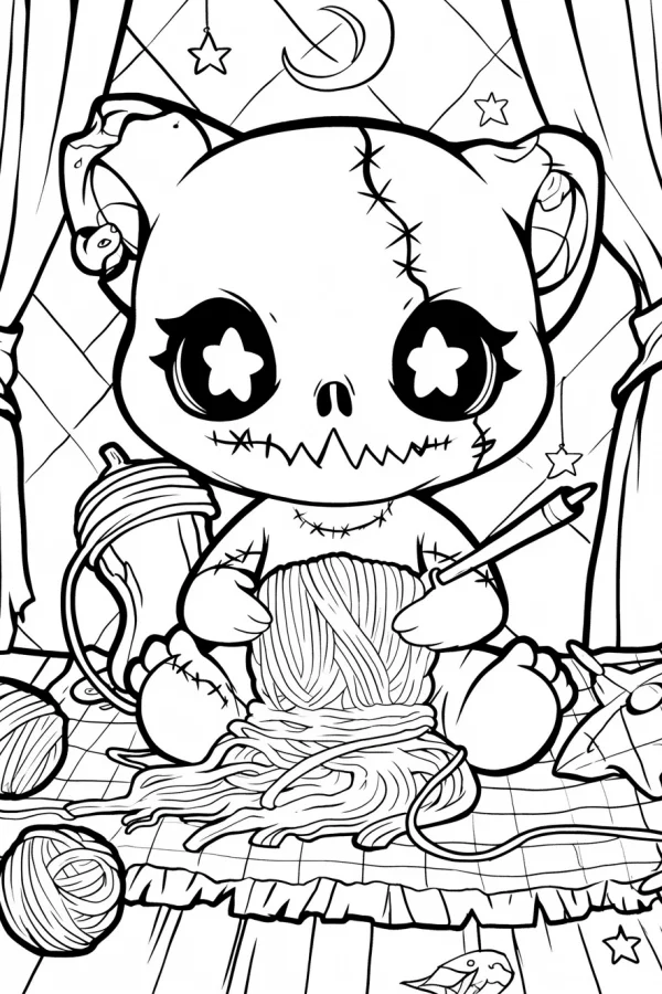 Cute stitched cartoon bear, cartoon style — free printable handmade coloring book page