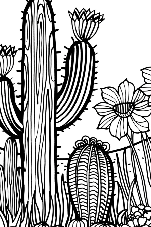 Coloring book page, desert cacti with blooming flowers and buds — free printable desert coloring book page