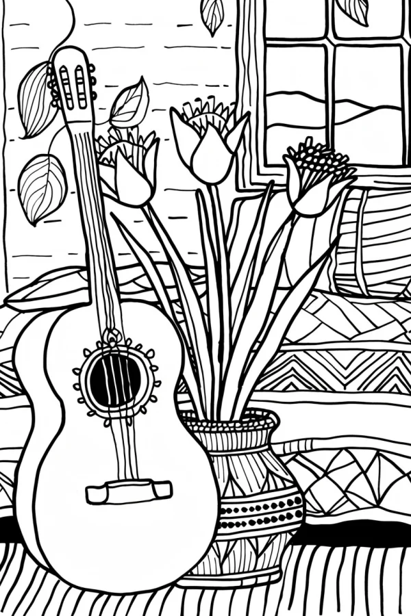 Acoustic guitar next to a vase of tulips, cozy interior scene with window and patterned sofa — free printable music coloring book page