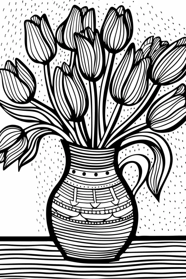 Tulips in decorated ceramic vase, line art style — free printable home coloring book page
