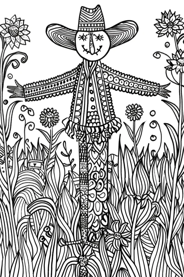 Coloring book page, zentangle style scarecrow with a wide-brimmed cowboy hat — free printable farm coloring book page