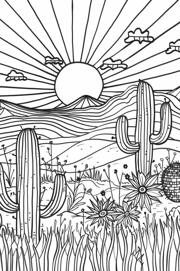 Desert cactus landscape, line art style — free printable desert coloring book page