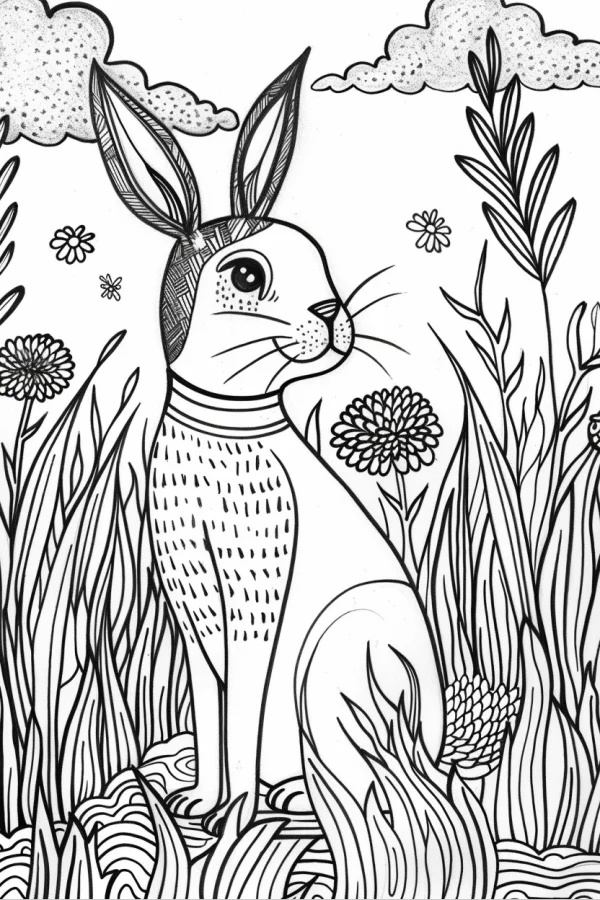 Cute rabbit in grass field, cartoon style — free printable spring coloring book page