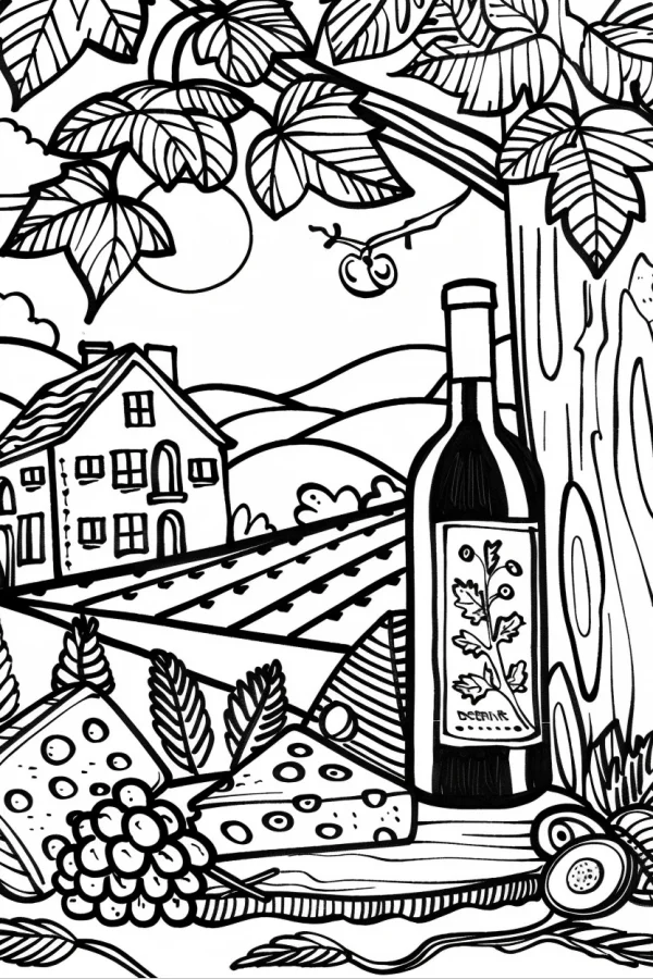 Wine bottle with cheese and grapes in pastoral rural scene, cartoon illustration style — free printable pastoral coloring book page