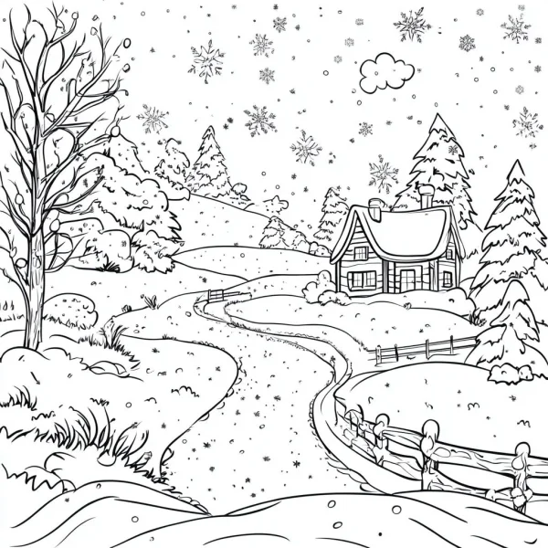 Winter countryside cottage scene, cartoon style — free printable countryside coloring book page