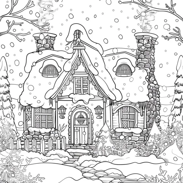Winter fairy tale cottage with stone chimneys, fairy tale style — free printable cabin coloring book page