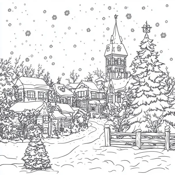 Christmas snowy town with cozy houses and a church tower, realistic line art style — free printable small town life coloring book page