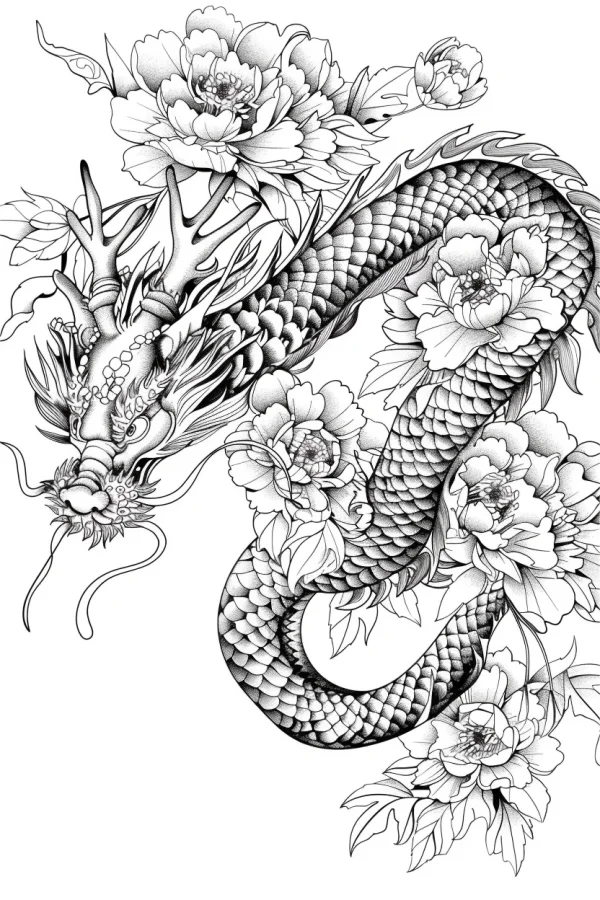Chinese dragon intertwined with peonies, chinese traditional style — free printable chinese style coloring book page