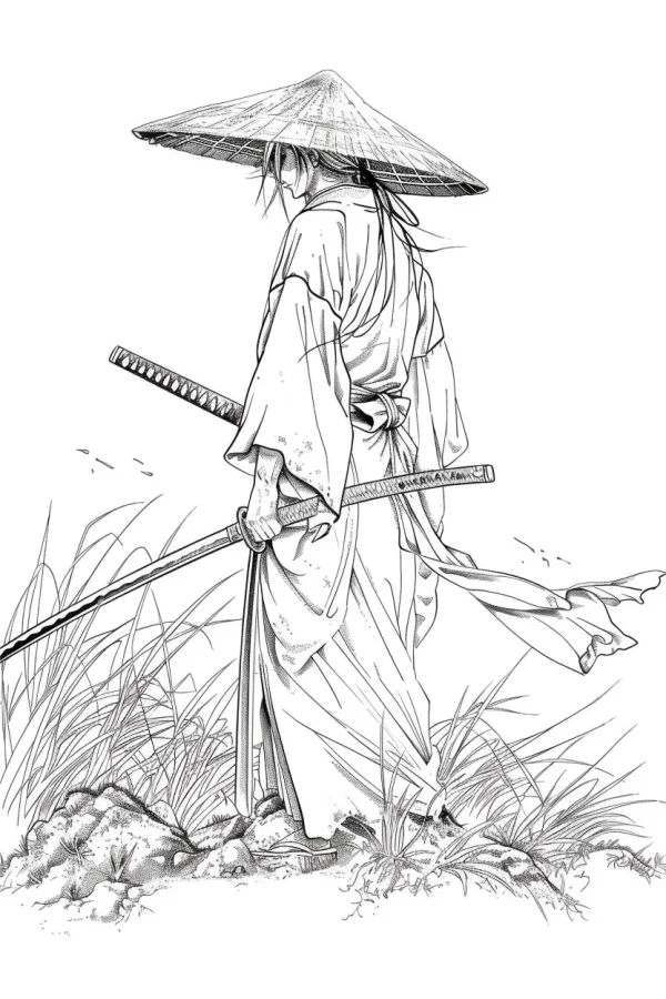 Samurai wearing conical straw hat and kimono, holding a katana with a second sword at his waist — free printable japanese coloring book page