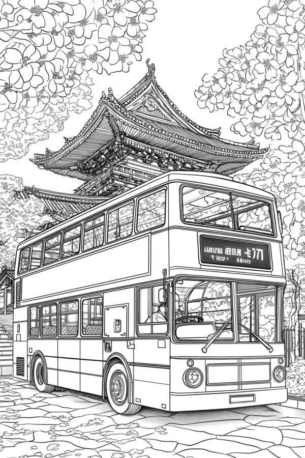 Double-decker bus with japanese ancient pagoda in the background, japanese style — free printable architecture coloring book page