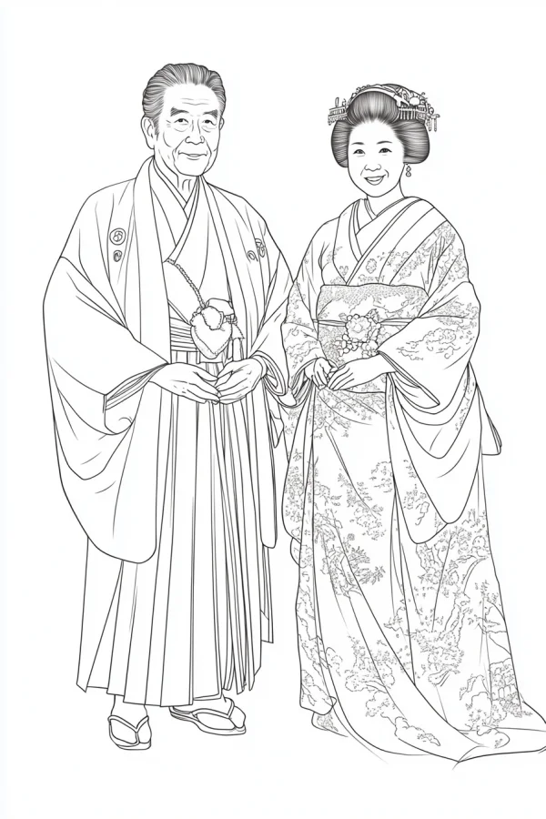 Elderly japanese couple in traditional kimono, japanese style — free printable japanese coloring book page