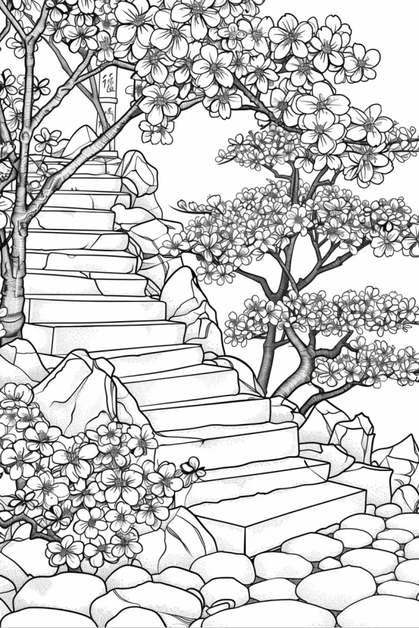 Coloring book page, stone steps surrounded by blooming cherry blossom trees — free printable japanese coloring book page
