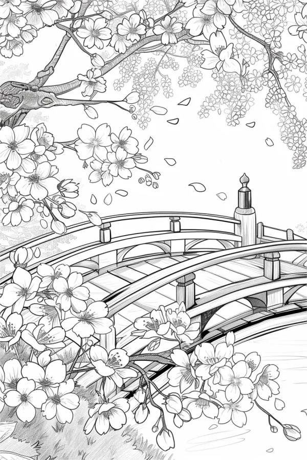 Japanese arched bridge with cherry blossoms, japanese style — free printable japanese coloring book page