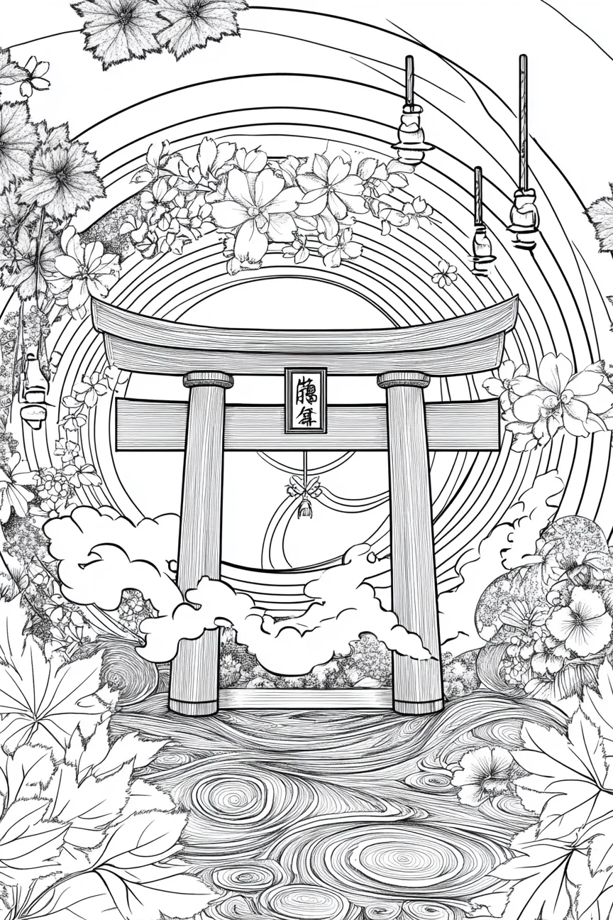 Japanese torii gate, japanese traditional style — moderate detail — line art coloring page — for kids and adults of all ages