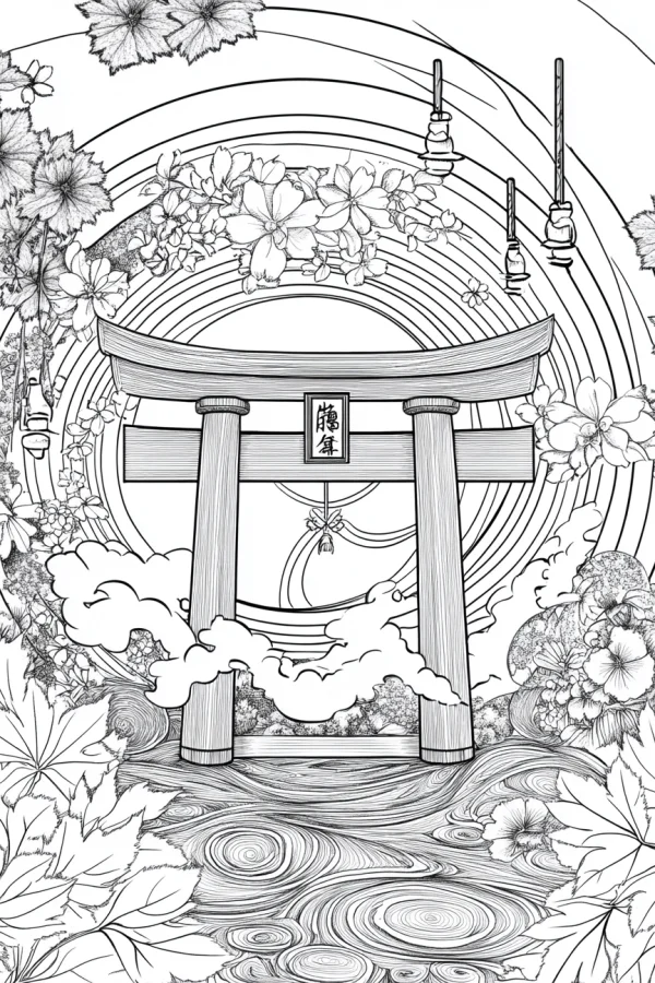 Japanese torii gate, japanese traditional style — free printable autumn coloring book page