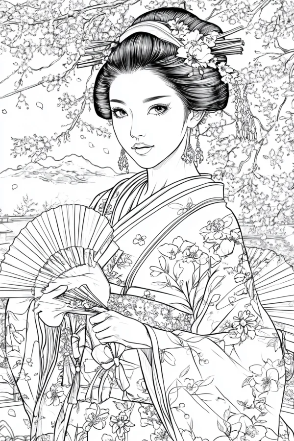 Japanese kimono woman holding folding fan, japanese style — free printable japanese coloring book page
