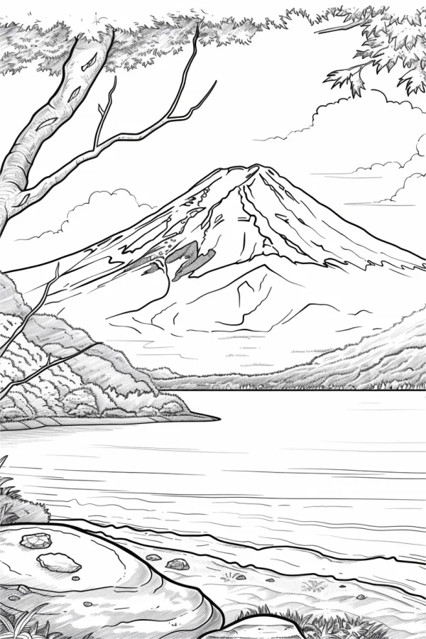 Mount fuji lakeside landscape, japanese style — free printable japanese coloring book page