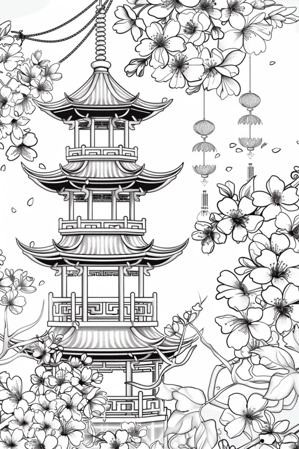 Chinese-style multi-story pagoda, surrounded by blooming flowers and hanging lantern ornaments — free printable chinese style coloring book page