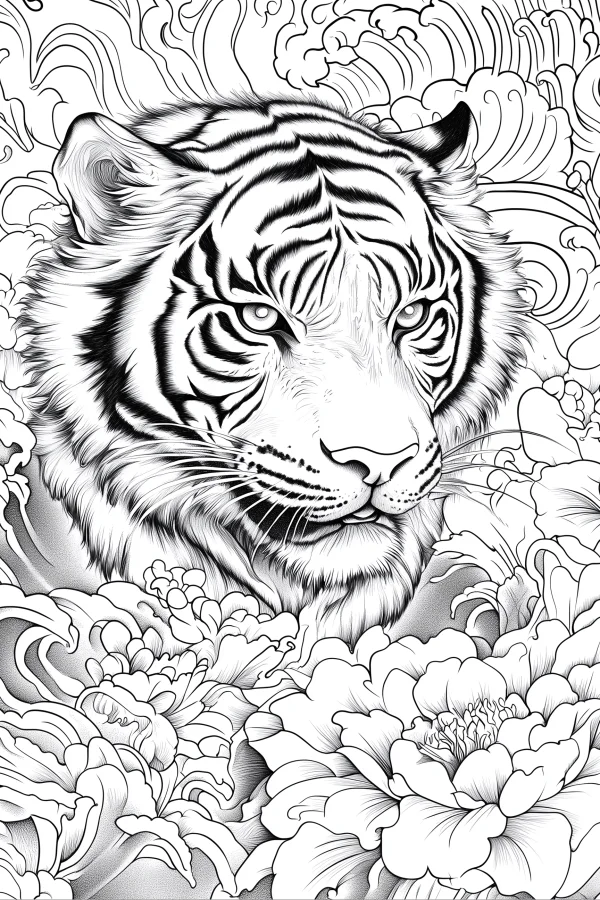 Majestic tiger head surrounded by peonies, chinese style — free printable chinese style coloring book page