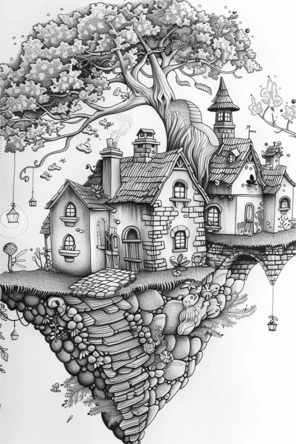 Floating fairy tale cottages on rocky platform with big flowering tree, whimsical fantasy style — free printable architecture coloring book page