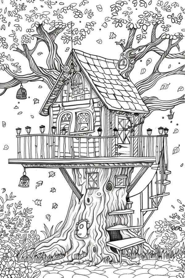 Whimsical fairy tale treehouse on a large old tree, cartoon style — free printable outdoor leisure coloring book page