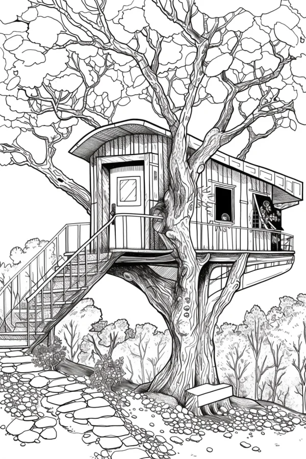 Cozy treehouse built on a large tree, realistic line art style — free printable camping coloring book page