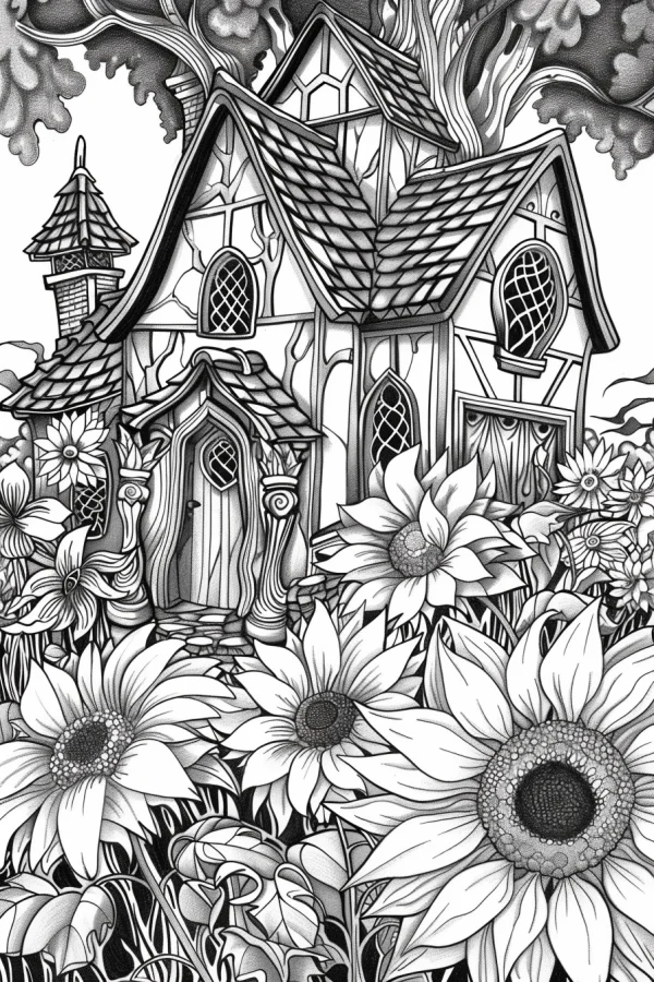 Fairy tale cottage surrounded by sunflowers and various flowers, fairy tale style — free printable garden coloring book page
