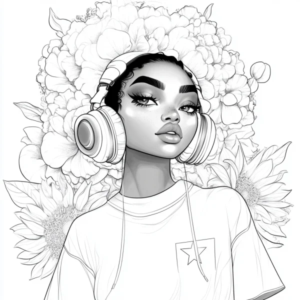 Girl wearing headphones, surrounded by sunflowers and hydrangeas — free printable music coloring book page