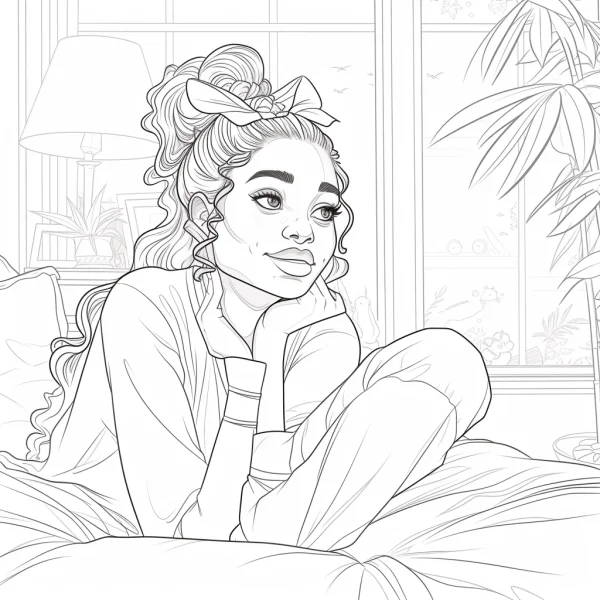 Cozy girl lounging on bed with chin in hands, cartoon style — free printable home life coloring book page