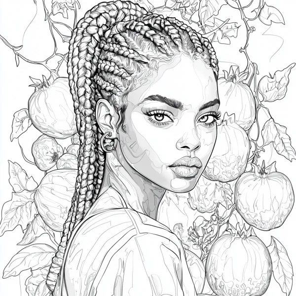 Braided hair young woman with pomegranate plants in background, realistic illustration style — free printable life theme coloring book page