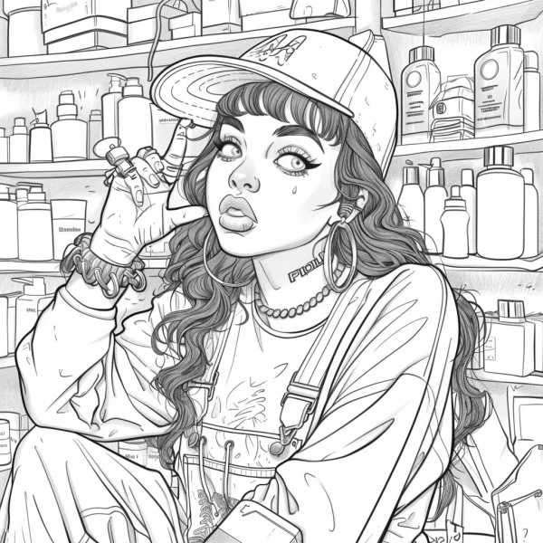 Coloring book page, stylish trendy girl in a beauty supply store — free printable shopping coloring book page