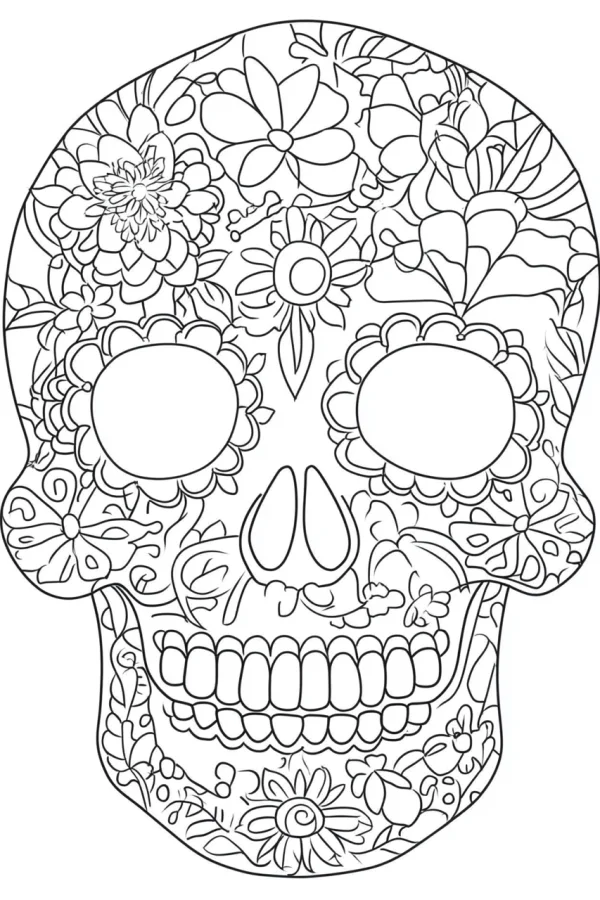 Day of the dead decorated skull with intricate floral and vine patterns, latin american folk art style — free printable latin american culture coloring book page
