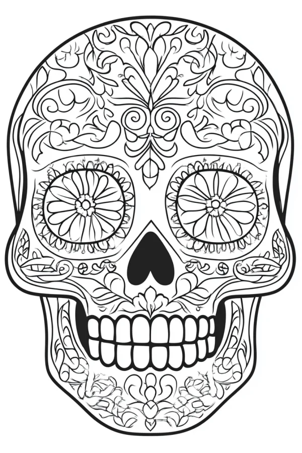 Decorative day of the dead sugar skull, mexican folk art style — free printable decorative art coloring book page