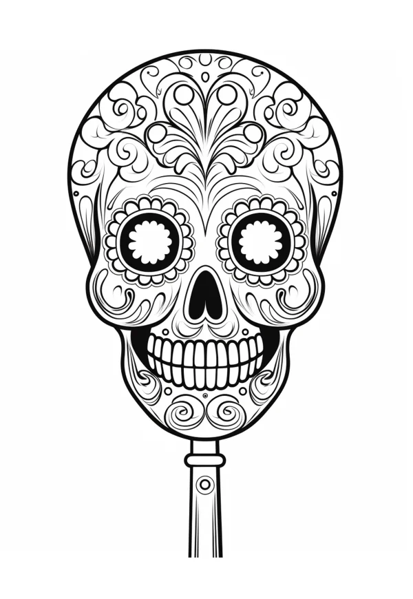 Day of the dead decorated sugar skull on a handle, latin american style — free printable latin america coloring book page