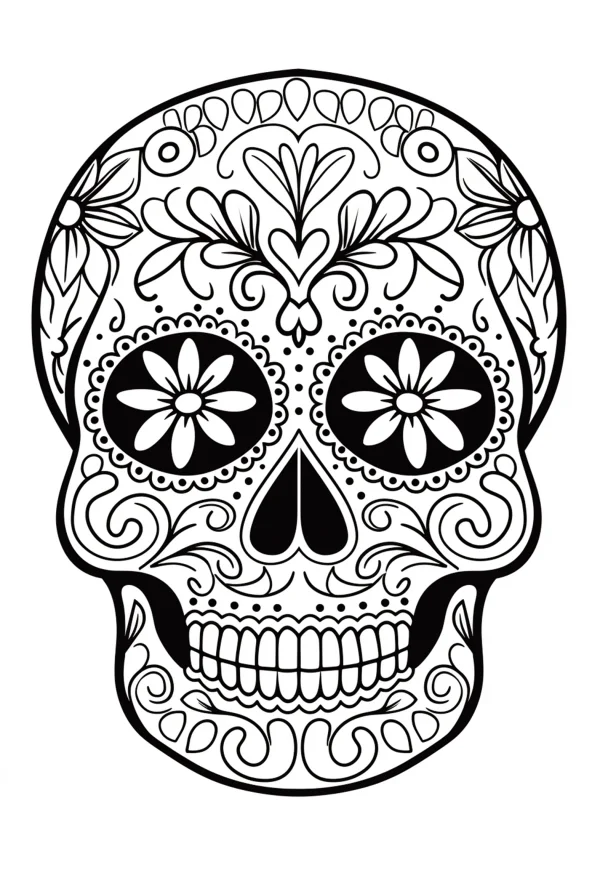 Decorative day of the dead sugar skull, mexican folk art style — free printable culture coloring book page