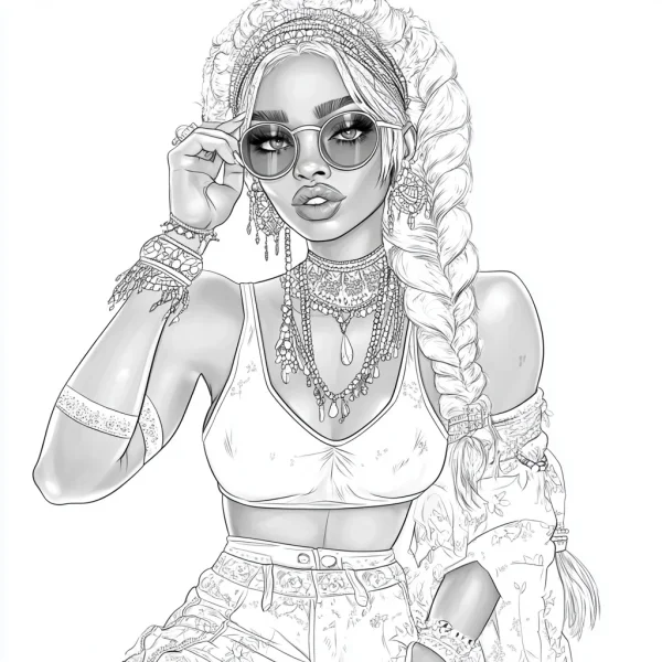 Bohemian style fashion girl with long braid, wearing round sunglasses — free printable bohemian coloring book page
