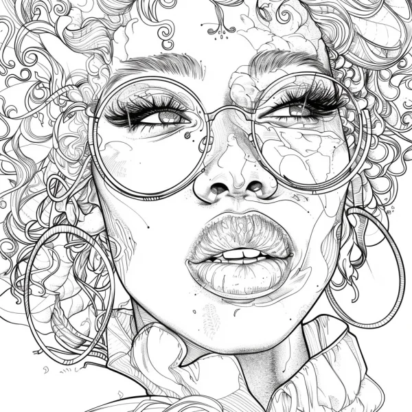 Curly-haired woman with round glasses and large hoop earrings, realistic line art style — free printable portrait coloring book page