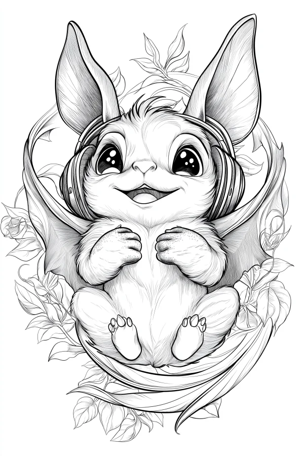 Cute fantasy big-eared bat wearing headphones, cartoon style — free printable music coloring book page