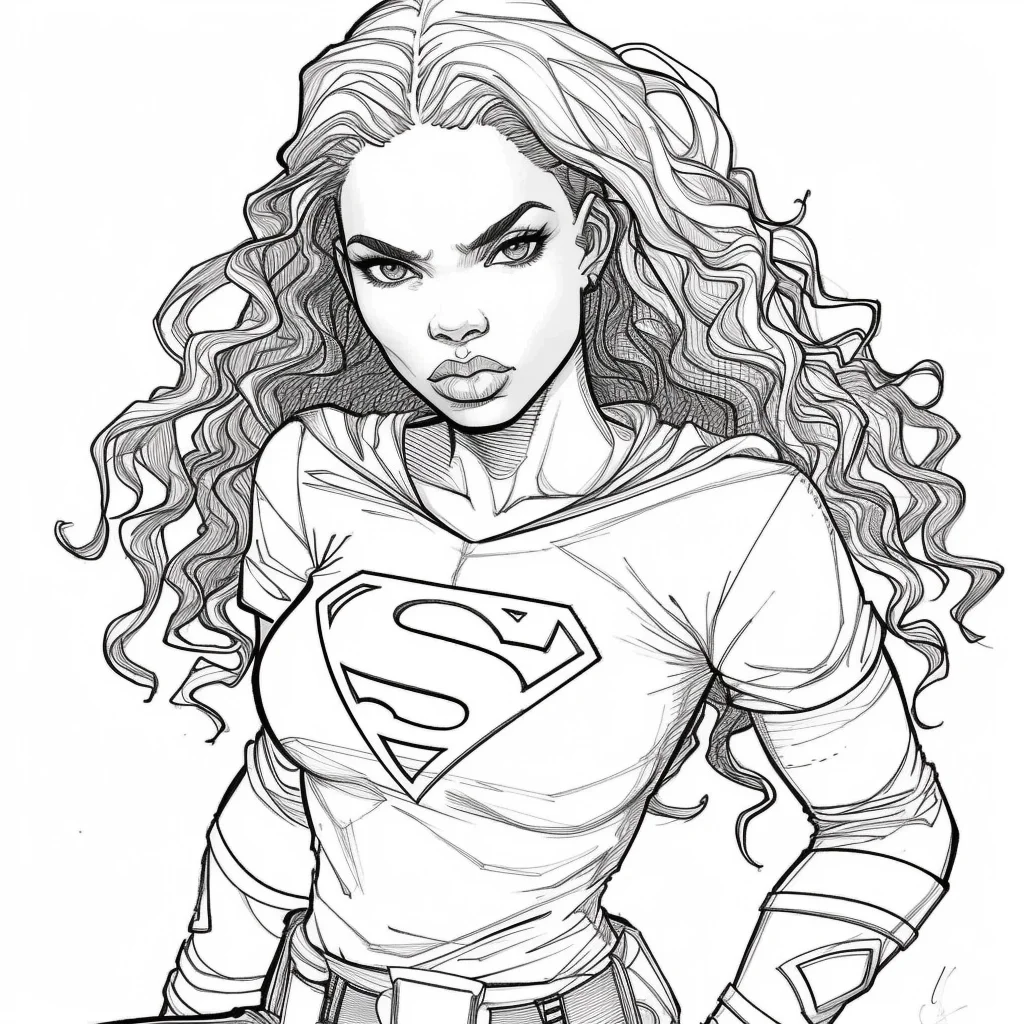 Curly-haired superhero girl, american comic style — moderate detail — line art coloring page — for kids and adults of all ages