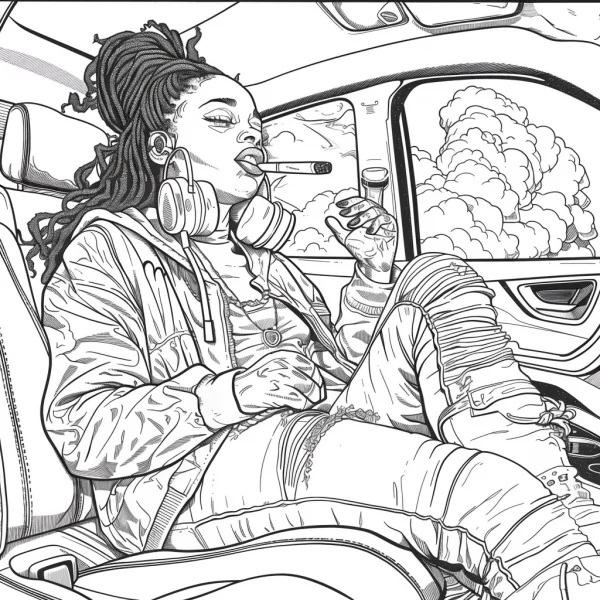 Trendy girl with dreadlocks wearing headphones sitting in car, street style — free printable music coloring book page
