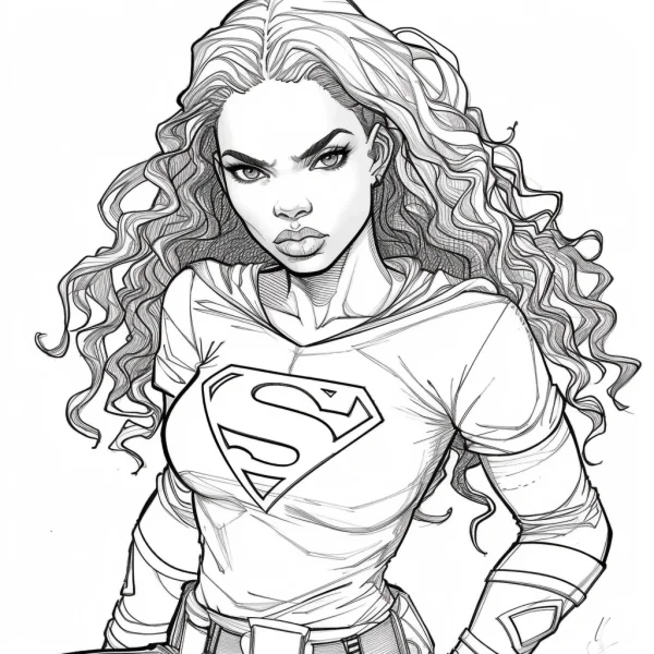 Curly-haired superhero girl with s logo on chest, american comic style — free printable superhero coloring book page