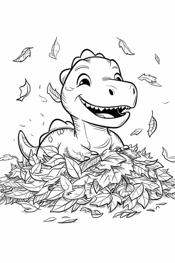 Cute cartoon little dinosaur sitting in a pile of fallen leaves, autumn leaves floating around — free printable autumn coloring book page