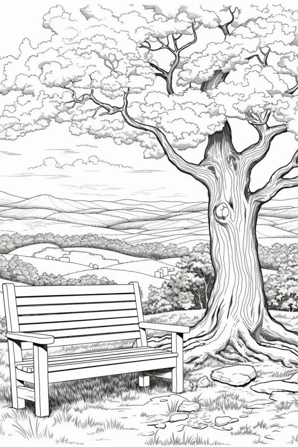 Outdoor bench under a large old tree, pastoral natural landscape with distant hills and woods — free printable outdoor leisure coloring book page