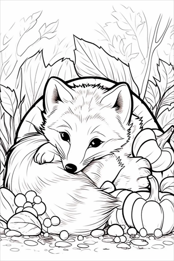 Curled little fox, cartoon illustration style — free printable autumn coloring book page