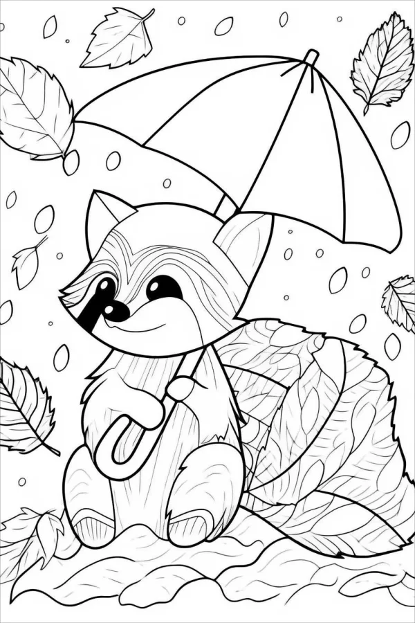 Cute cartoon raccoon holding an umbrella, cartoon style — free printable autumn coloring book page