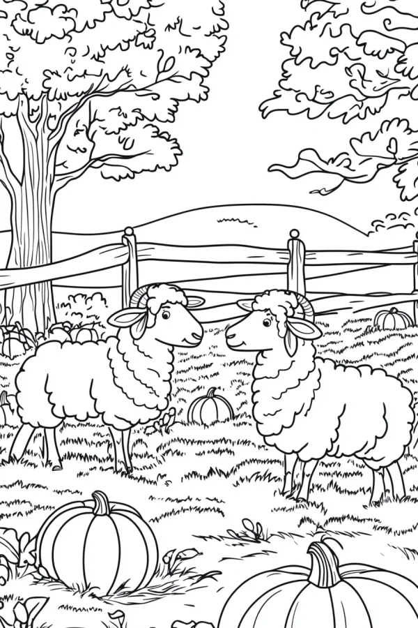 Two sheep on a farm, cartoon style — free printable autumn coloring book page