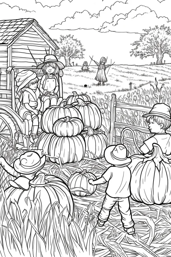 Children harvesting pumpkins on a farm, autumn farm scene with wooden hut — free printable autumn coloring book page