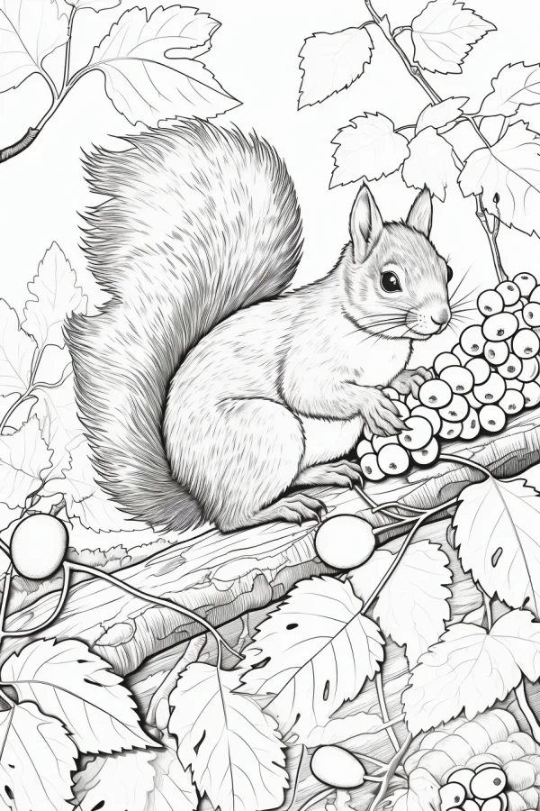 Squirrel on a branch with berries, realistic illustration style — free printable autumn coloring book page