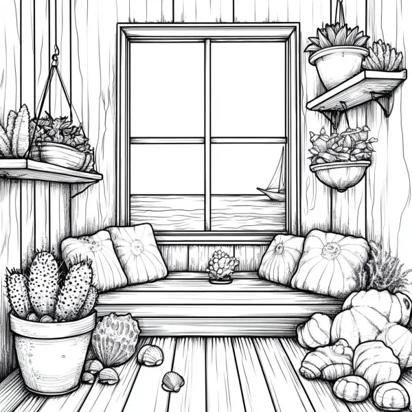 Window-side seaside terrace with succulent plants, sketch style — free printable beach coloring book page