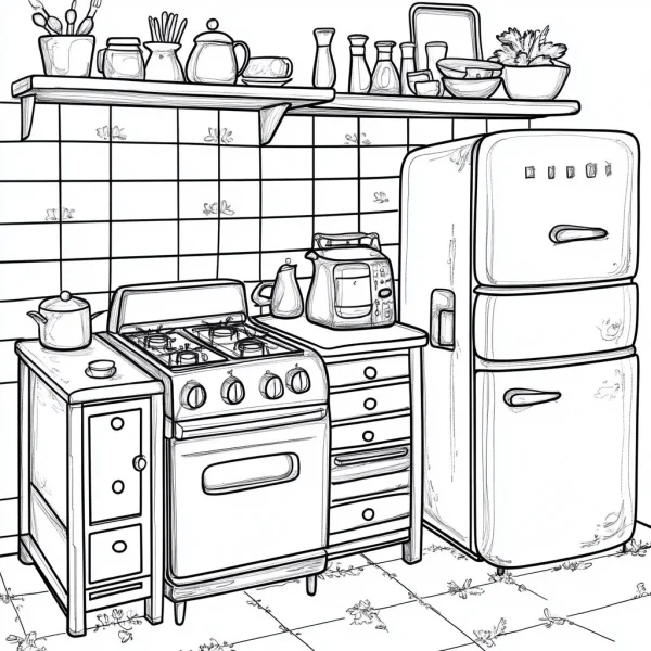 Vintage kitchen scene with stove, retro fridge — free printable home coloring book page